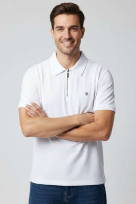 Yaka Fermuarlı Armalı Erkek T-shirt Beyaz - BESSE