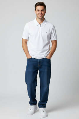 Yaka Fermuarlı Armalı Erkek T-shirt Beyaz - Erkek T-shirt