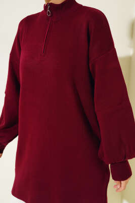 Yaka Fermuarlı Balon Kol Triko Tunik Bordo - Triko Tunik