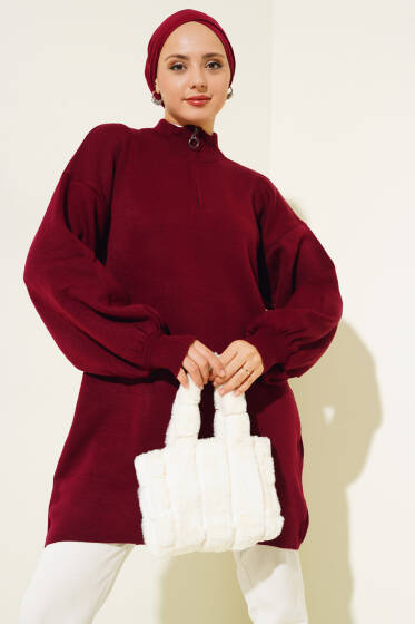 Yaka Fermuarlı Balon Kol Triko Tunik Bordo - Yılın Fırsatı 