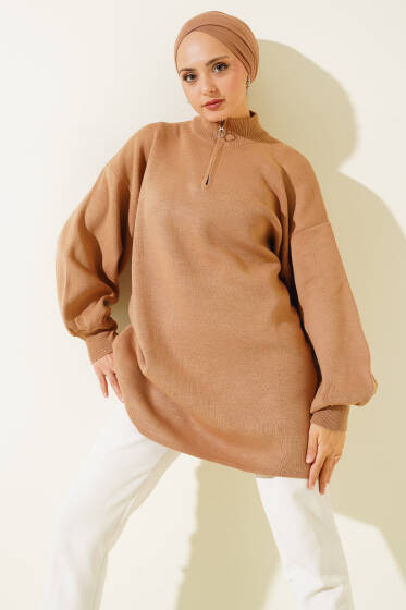 Yaka Fermuarlı Balon Kol Triko Tunik Büsküvi - Yılın Fırsatı 