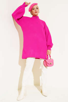 Yaka Fermuarlı Balon Kol Triko Tunik Fuşya - Triko Tunik