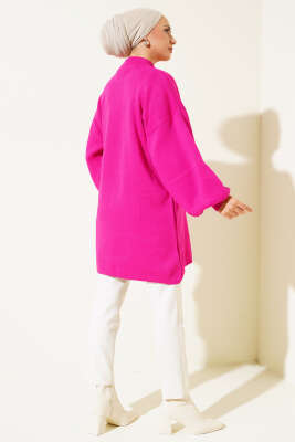 Yaka Fermuarlı Balon Kol Triko Tunik Fuşya - Triko Tunik