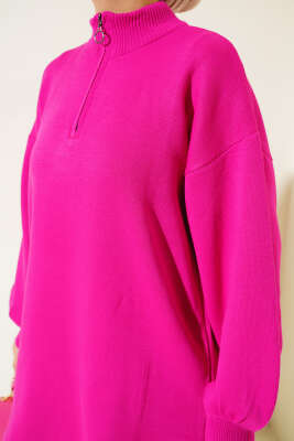 Yaka Fermuarlı Balon Kol Triko Tunik Fuşya - Triko Tunik