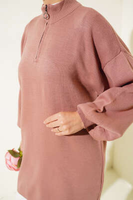 Yaka Fermuarlı Balon Kol Triko Tunik Gül Kurusu - Triko Tunik