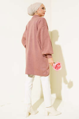 Yaka Fermuarlı Balon Kol Triko Tunik Gül Kurusu - Triko Tunik