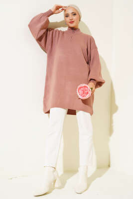 Yaka Fermuarlı Balon Kol Triko Tunik Gül Kurusu - Triko Tunik