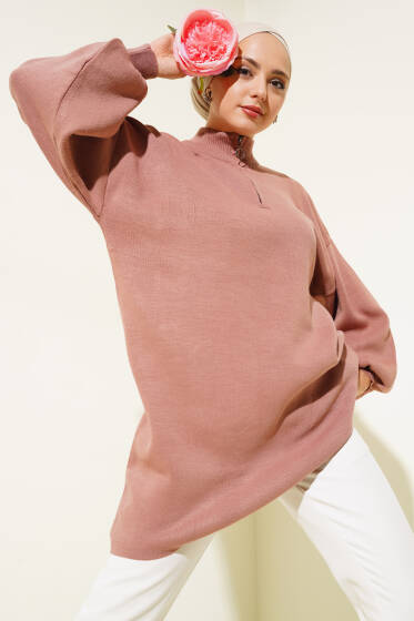 Yaka Fermuarlı Balon Kol Triko Tunik Gül Kurusu - Yılın Fırsatı 