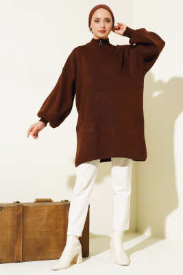 Yaka Fermuarlı Balon Kol Triko Tunik Kahve - Triko Tunik