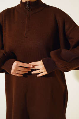 Yaka Fermuarlı Balon Kol Triko Tunik Kahve - Triko Tunik