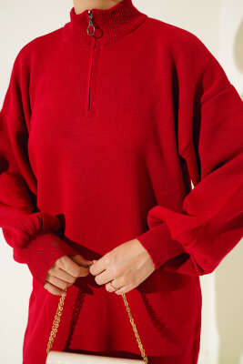 Yaka Fermuarlı Balon Kol Triko Tunik Kırmızı - Triko Tunik