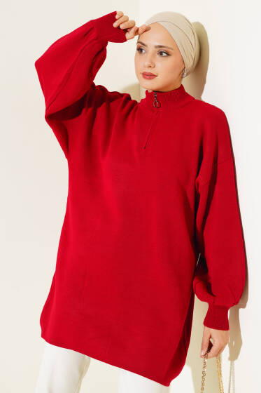 Yaka Fermuarlı Balon Kol Triko Tunik Kırmızı - Yılın Fırsatı 