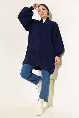 Yaka Fermuarlı Balon Kol Triko Tunik Lacivert - Triko Tunik