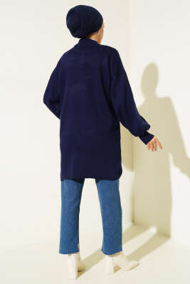 Yaka Fermuarlı Balon Kol Triko Tunik Lacivert - Triko Tunik