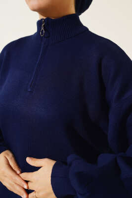 Yaka Fermuarlı Balon Kol Triko Tunik Lacivert - Triko Tunik