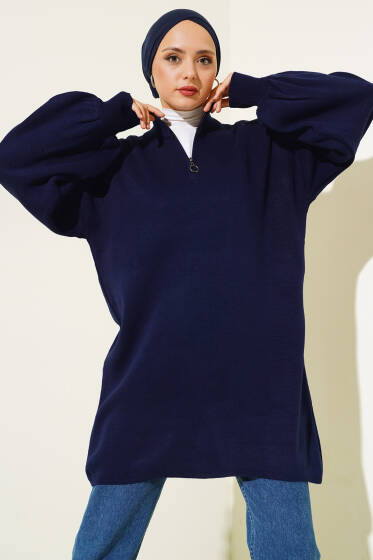 Yaka Fermuarlı Balon Kol Triko Tunik Lacivert - Yılın Fırsatı 