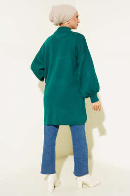 Yaka Fermuarlı Balon Kol Triko Tunik Nefti - Triko Tunik