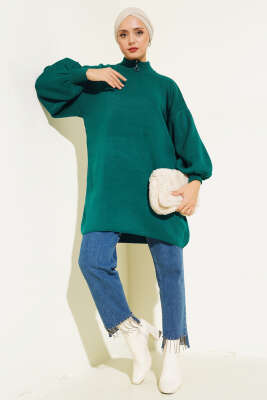 Yaka Fermuarlı Balon Kol Triko Tunik Nefti - Triko Tunik