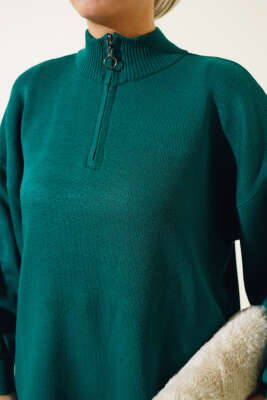 Yaka Fermuarlı Balon Kol Triko Tunik Nefti - Triko Tunik