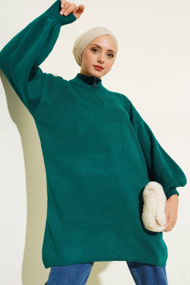 Yaka Fermuarlı Balon Kol Triko Tunik Nefti - Yılın Fırsatı 