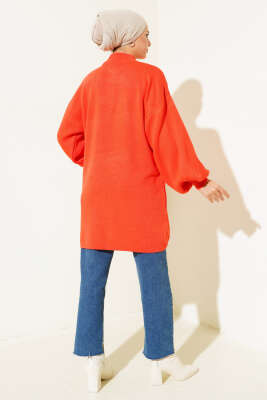 Yaka Fermuarlı Balon Kol Triko Tunik Oranj - Triko Tunik