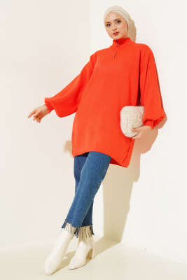 Yaka Fermuarlı Balon Kol Triko Tunik Oranj - Triko Tunik