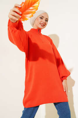 Yaka Fermuarlı Balon Kol Triko Tunik Oranj - Triko Tunik