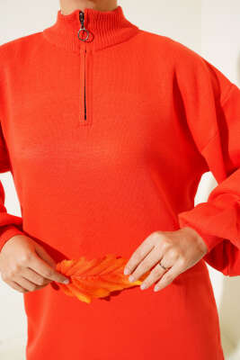 Yaka Fermuarlı Balon Kol Triko Tunik Oranj - Triko Tunik