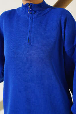 Yaka Fermuarlı Balon Kol Triko Tunik Saks - Triko Tunik