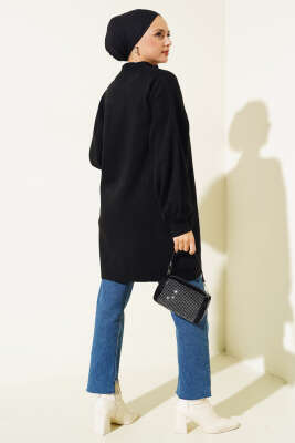 Yaka Fermuarlı Balon Kol Triko Tunik Siyah - Triko Tunik