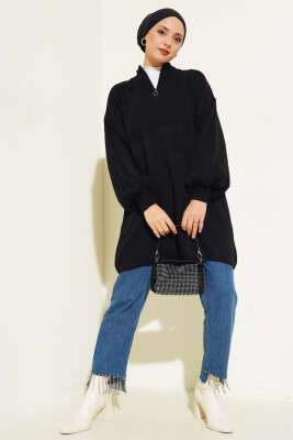 Yaka Fermuarlı Balon Kol Triko Tunik Siyah - Triko Tunik