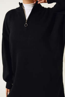 Yaka Fermuarlı Balon Kol Triko Tunik Siyah - Triko Tunik