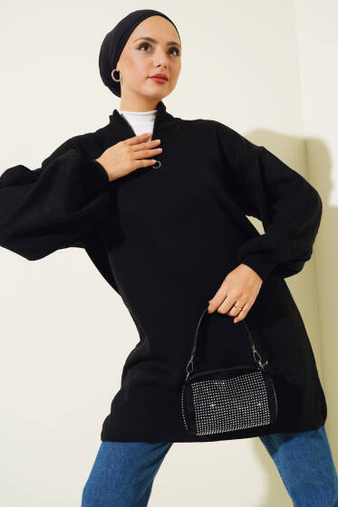 Yaka Fermuarlı Balon Kol Triko Tunik Siyah - Yılın Fırsatı 