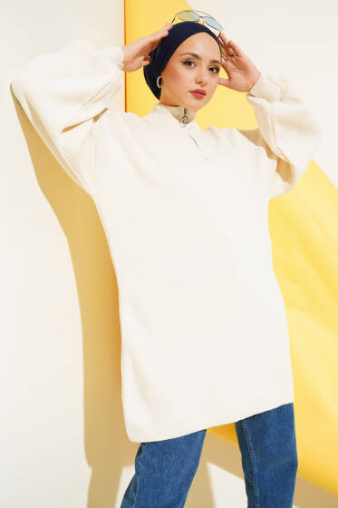 Yaka Fermuarlı Balon Kol Triko Tunik Taş - Yılın Fırsatı 