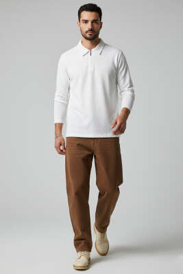 Yaka Fermuarlı Basic Erkek Sweatshirt Ekru - Erkek Sweatshirt