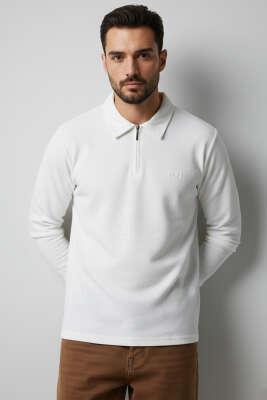 Yaka Fermuarlı Basic Erkek Sweatshirt Ekru - WİPEOUT