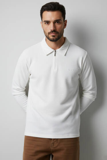 Yaka Fermuarlı Basic Erkek Sweatshirt Ekru - Erkek Sweatshirt