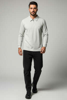 Yaka Fermuarlı Basic Erkek Sweatshirt Gri - Erkek Sweatshirt