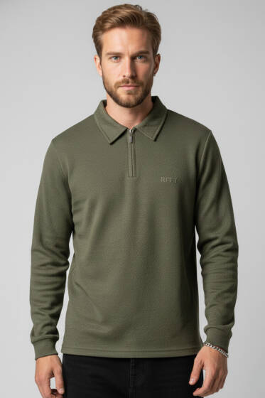 Yaka Fermuarlı Basic Erkek Sweatshirt Haki - Erkek Sweatshirt