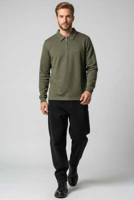 Yaka Fermuarlı Basic Erkek Sweatshirt Haki - Erkek Sweatshirt