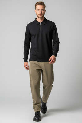 Yaka Fermuarlı Basic Erkek Sweatshirt Siyah - Erkek Sweatshirt