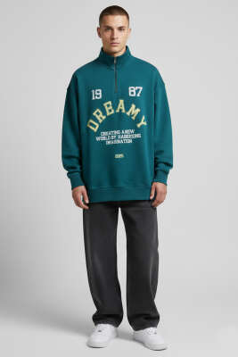 Yaka Fermuarlı Baskılı Erkek Sweatshirt Petrol - Erkek Sweatshirt