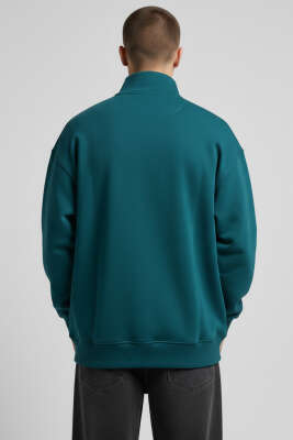 Yaka Fermuarlı Baskılı Erkek Sweatshirt Petrol - Erkek Sweatshirt