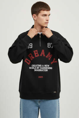 Yaka Fermuarlı Baskılı Erkek Sweatshirt Siyah 