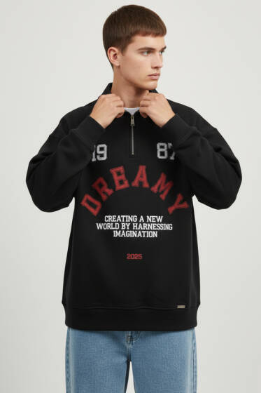 Yaka Fermuarlı Baskılı Erkek Sweatshirt Siyah - Erkek Sweatshirt