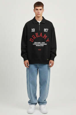 Yaka Fermuarlı Baskılı Erkek Sweatshirt Siyah - Erkek Sweatshirt