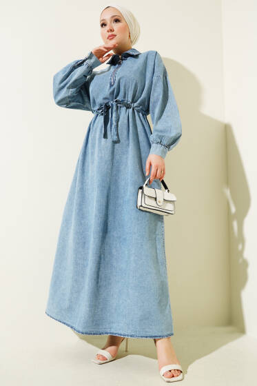 Yaka Fermuarlı Bel Tünelli Bağlamalı Kot Elbise Kot Mavisi - Elbise