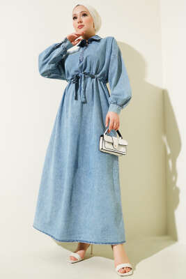 Yaka Fermuarlı Bel Tünelli Bağlamalı Kot Elbise Kot Mavisi - ASME