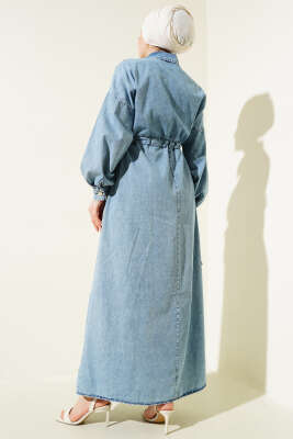 Yaka Fermuarlı Bel Tünelli Bağlamalı Kot Elbise Kot Mavisi - Tesettür Elbise