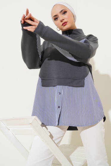 Yaka Fermuarlı Çizgi Garnili Tunik Füme - Tunik